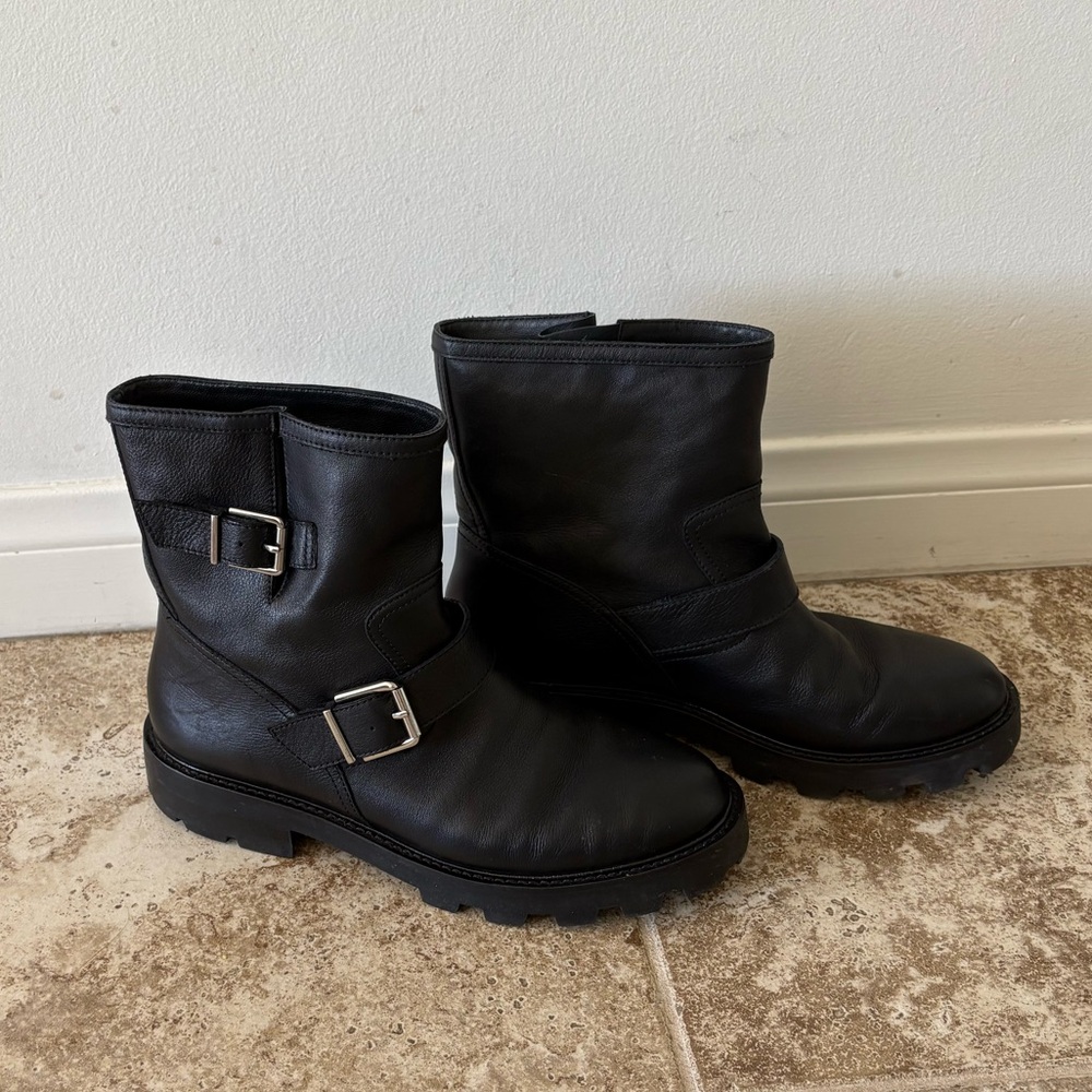 Black Leather Motorcycle Boots with Buckles